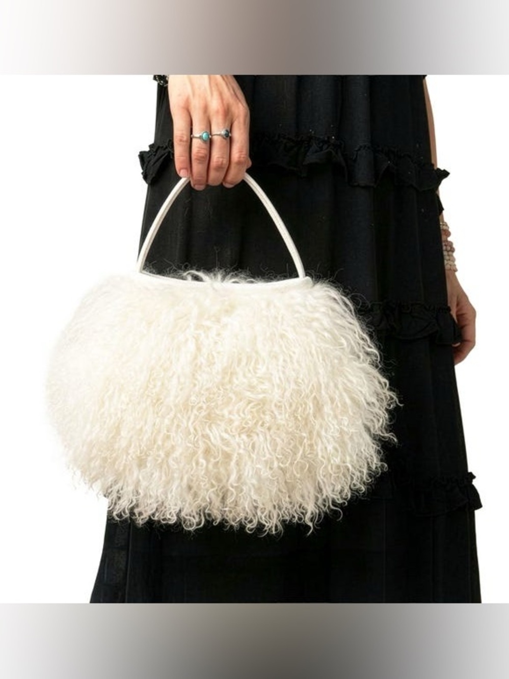 Tibet Lamb Fur cream colored Handbag with Top Handle